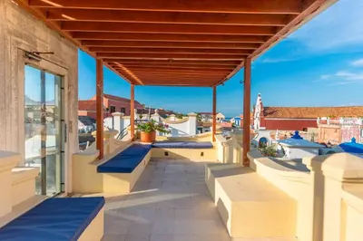 a balcony with a view of the city at Casa azul in Cartagena de Indias