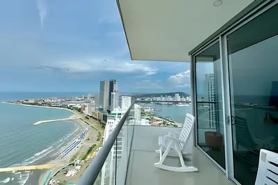 a balcony with a view of the ocean and a beach at Beachfront Penthouse 40th Sea View/Historic Center in Cartagena de Indias
