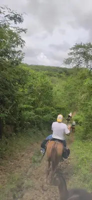 a man riding a horse down a dirt road at Alquiler de caballos y cabalgatas por el Atlántico in Baranoa