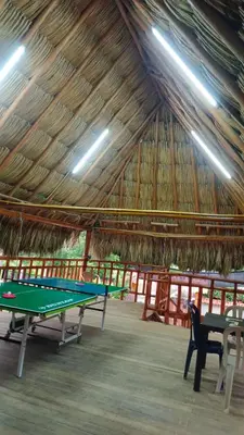 a ping pong table in a straw hut at cabaña villa luz in Santa Veronica