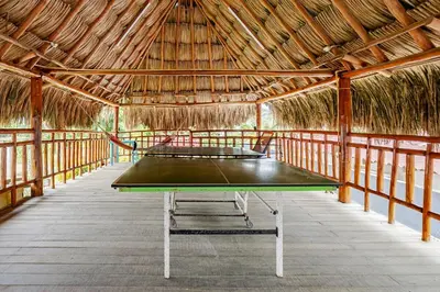 a ping pong table in a thatch hut with a table tennis court at cabaña villa luz in Santa Veronica