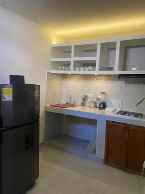 a kitchen with a black refrigerator and a sink at Casa lo amador alojamiento entero in Cartagena de Indias