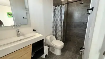 a bathroom with a sink and a toilet and a shower at La Boquilla Kite House in Cartagena de Indias