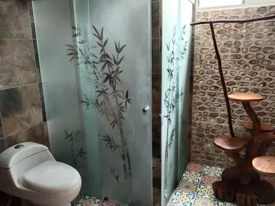 a bathroom with a toilet and a shower stall at Cartagena Hotel Boutique - Manga - Tierra del Mar - Colombia in Cartagena de Indias