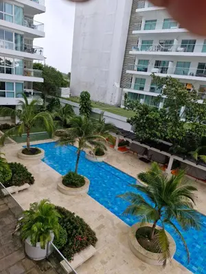 an overhead view of a swimming pool with palm trees at Apartamento con vista al Mar Cartagena Morros 3 in Cartagena de Indias