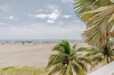 a view of a beach with palm trees and the ocean at Lux Beach House, Aldaba Selection in Cartagena de Indias
