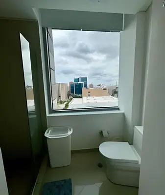 a bathroom with a toilet and a large window at Apartamento en Bluegardens 1405 in Barranquilla