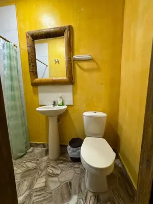 a yellow bathroom with a toilet and a sink at Hostal Bambumar in Cartagena de Indias