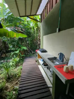 an outdoor kitchen with a counter and a garden at Lala's Place in Isla Fuerte