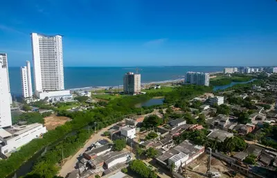an aerial view of a city and the ocean at Apartamento Oasis Cartagena in Cartagena de Indias