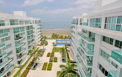 an aerial view of two buildings and the beach at Morros 922 Seaside Retreat in Cartagena de Indias