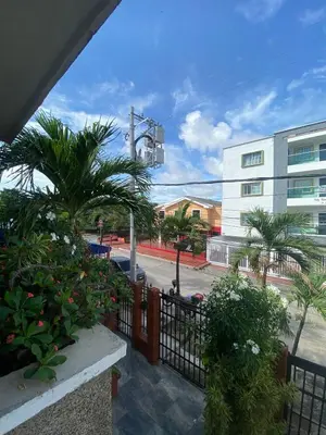 a view of a street with palm trees and a building at Encanto Barranquillero! in Barranquilla