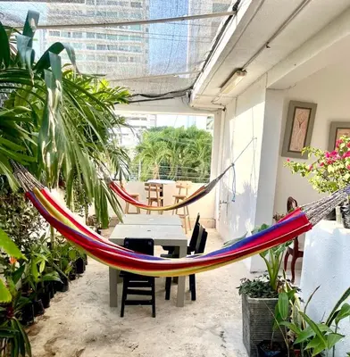 a hammock in the middle of a room with plants at Habitación cerca a la playa 105 in Cartagena de Indias