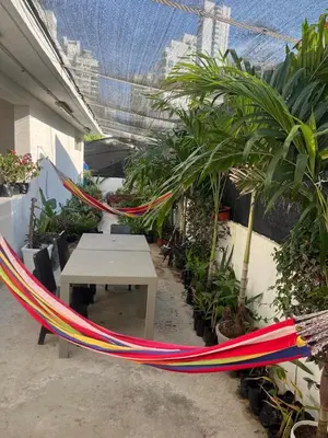a hammock in a room with a table and plants at Habitación cerca a la playa 105 in Cartagena de Indias