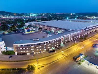 an overhead view of a building in a city at night at Pop Art Hotel CLC Puerto Mamonal Cartagena in Cartagena de Indias