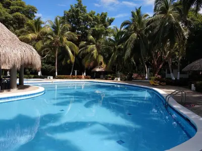 a large blue swimming pool with palm trees in the background at Shambala Beach House in San Bernardo del Viento