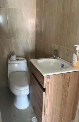 a bathroom with a white toilet and a sink at Cabaña Don Jerónimo in Santa Veronica