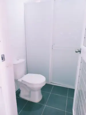a white bathroom with a toilet and a shower at Dulce Barú in Ararca