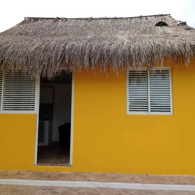a yellow house with a thatched roof at Dulce Barú in Ararca