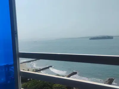 a view of the ocean from a window at Apartaestudio en el Laguito in Cartagena de Indias
