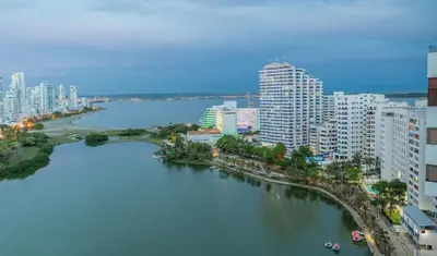 an aerial view of a city with a river and buildings at Aparamento Vista Mar 1703 in Cartagena de Indias