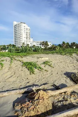 a sandy beach with a building in the background at Frontbeach Apartment Cartagena HighSpeed internet in Cartagena de Indias