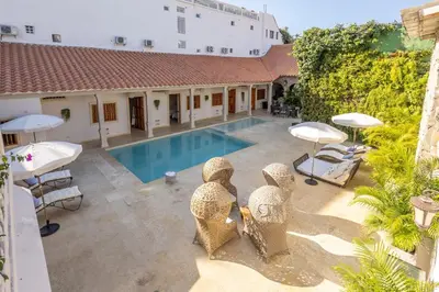an aerial view of a house with a swimming pool at Casa Beatriz Luxury Colonial House in Cartagena de Indias