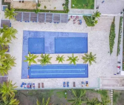 an overhead view of a swimming pool with palm trees at Apartamento para viajar en familia in Cartagena de Indias