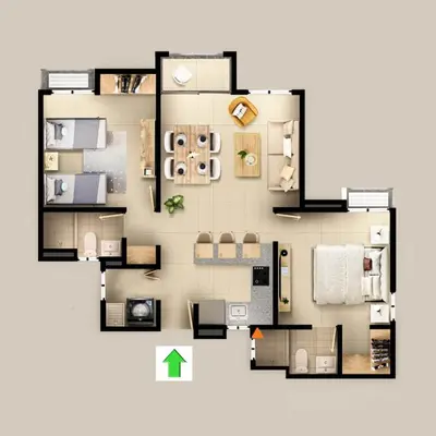 a floor plan of a house with a green arrow at Apartamento Cartagena Serena del Mar - Capriella in Manzanillo del Mar