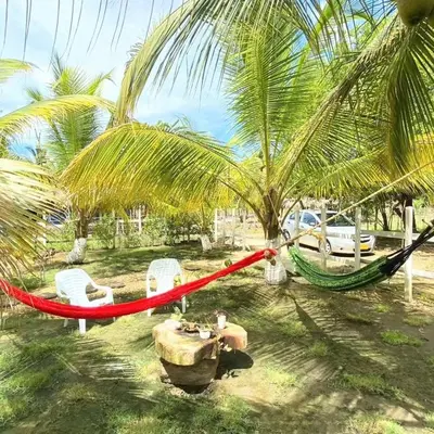 a hammock and chairs on a beach with palm trees at la casablanca moñitos in Moñitos