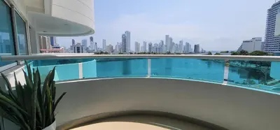 a balcony with a view of a city skyline at Live Stay - Torres del Lago in Cartagena de Indias