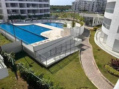 an aerial view of a building with a swimming pool at Cozy apartment Brand new in Cartagena de Indias