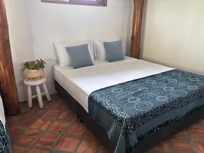 a large bed in a room with a plant at Casa Arrecife San Bernardo del Viento in San Bernardo del Viento