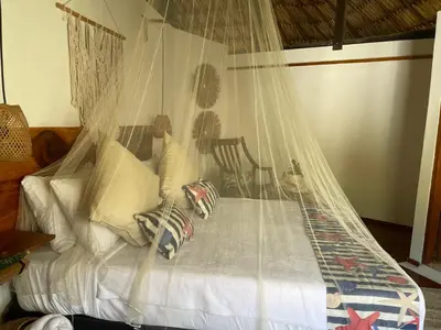 a bedroom with a bed with a net at Casa Arrecife San Bernardo del Viento in San Bernardo del Viento