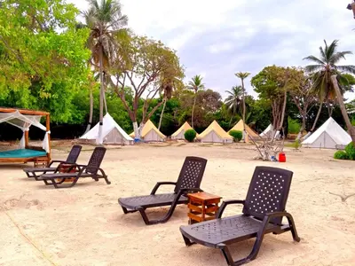 a group of chairs on a beach with tents at Tintipán Glamping in Tintipan Island