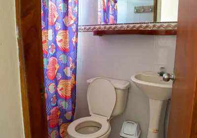a small bathroom with a toilet and a sink at Alojamiento Familiar #2 - La mejor playa y mar in Puerto Viejo