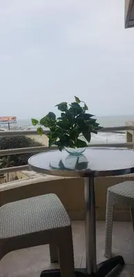 a table with a plant sitting on top of a balcony at cartagena balcon con vista al mar in Cartagena de Indias