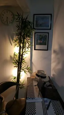 a desk with a plant and a clock on a wall at cartagena balcon con vista al mar in Cartagena de Indias