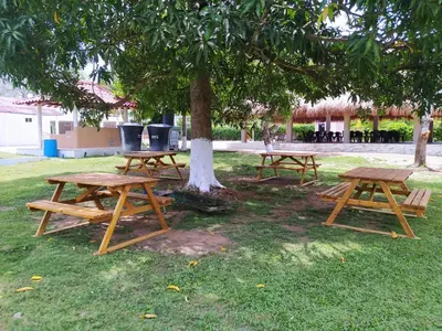 a group of picnic tables under a tree at Casa Campestre Rancho 75 Eco Park in Arjona
