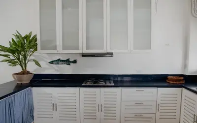 a kitchen with white cabinets and a potted plant at Apartamento Benitez 301 by Zakher in Cartagena de Indias
