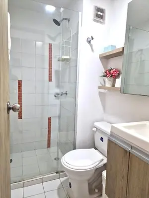 a bathroom with a shower and a toilet and a sink at Cómodo y Comfortable Apto in Cartagena de Indias