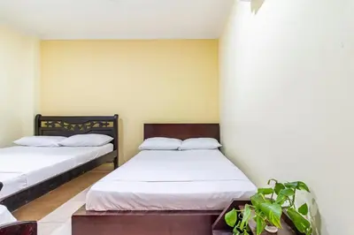 a bedroom with two beds and a plant at Acogedora casa en Cartagena Colombia cerca a zonas turísticas in Cartagena de Indias