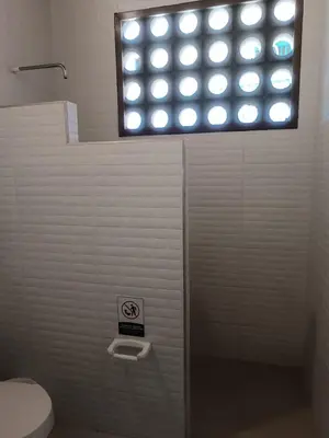 a bathroom with a shower with a toilet and a window at Playa del Toro in El Bobo