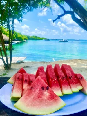 a plate of watermelon slices on a table near the water at Agua Zalada in Isla Grande