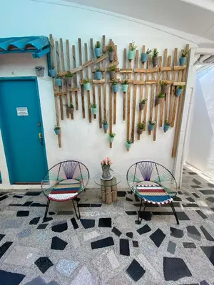 two chairs and a table with potted plants on a wall at Apartaestudios Ofir in Barranquilla