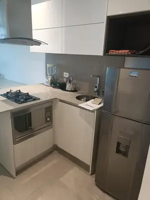 a small kitchen with a stove and a refrigerator at Suite 803 Edif Distrito 90 in Barranquilla