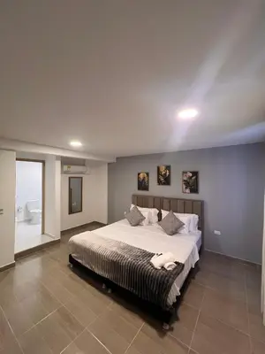 a bedroom with a large bed and a bathroom at Davé Paradise in Cartagena de Indias