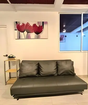 a couch in a room with three red flowers on the wall at Apartamento cerca a la playa y al mar Punta Roca in Maizal