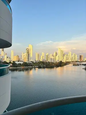 a view of a city with a river and buildings at Ocean and Lagoon View Apartment in Cartagena El Laguito 804A in Cartagena de Indias
