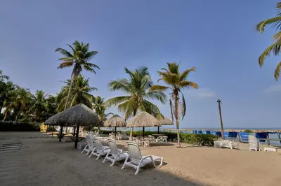 a beach with chairs and umbrellas and palm trees at Hermoso Apartamento Frente al Mar 2 Habitaciones PAZ127 in Coveñas